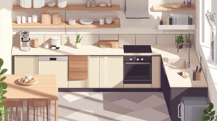 Modern kitchen interior with wooden shelves, minimalist design, and natural light. Features dining table, cooking area, and various kitchenware, creating warm and inviting atmosphere