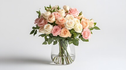 Fototapeta premium A lovely bouquet of pastel pink and white roses arranged in a clear glass vase. Perfect for celebrations, gifts, or home decor.