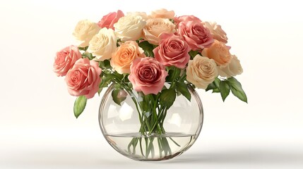 A beautiful bouquet of pastel pink and peach roses arranged in a clear glass vase.
