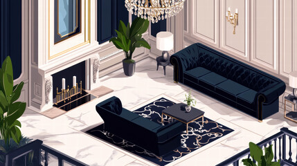 Luxurious living room with elegant black sofas, chandelier, and decorative plants. stylish decor features marble floor and sophisticated fireplace, creating warm atmosphere