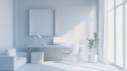 Fototapeta premium serene and minimalistic office space featuring white desk, computer, and chair, bathed in soft natural light. calming atmosphere is enhanced by potted plant and light curtains
