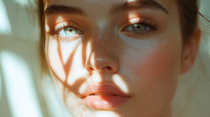 Close-up of a young woman face with natural light and shadow patterns