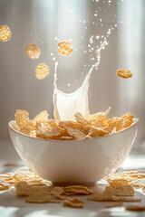 bowl de cereales frambuesas y leche para desayuno con fondo blanco
