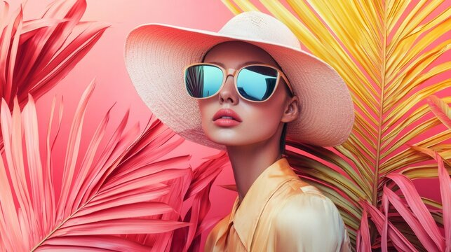 Stylish woman in sunglasses with tropical vibes