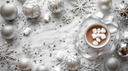 Fototapeta premium A cozy setting featuring hot chocolate topped with marshmallows surrounded by festive decorations. 