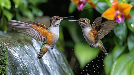 Fototapeta premium A pair of birds soaring above a cascading waterfall with vibrant floral backgrounds and misty water spraying from behind