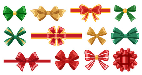 Festive bows set. Collection of decorative bows with ribbons for Christmas, New Year, Birthday and other holidays. Red, gold and green colors.