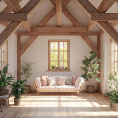 cozy living room with wooden beams, large windows, and indoor plants. light filled space features comfortable sofa adorned with soft cushions, creating serene atmosphere