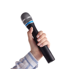 Woman with microphone on white background, closeup