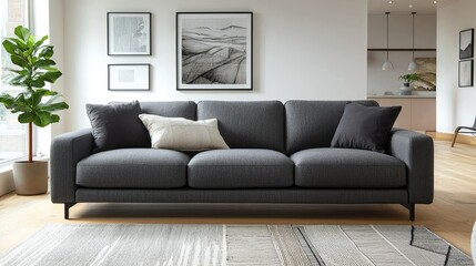 Fototapeta premium Modern Living Room with Stylish Gray Sofa and Minimalist Decor in Bright, Sunlit Space Featuring Art and Indoor Plant