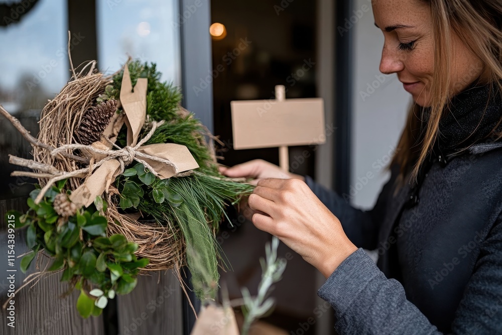 Wall mural A woman carefully crafting a beautiful wreath with natural elements, representing creativity and the joy of personalizing one's home with seasonal decor.