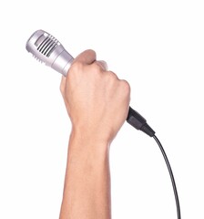 Man with microphone isolated on white, closeup