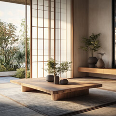 serene interior featuring wooden coffee table, potted plants, and natural light. minimalist design creates calming atmosphere, perfect for relaxation