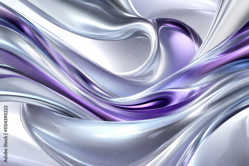 Poster Abstract 3D design featuring flowing silver and purple shapes with smooth curves and dynamic movement. Generative AI