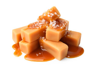 Tasty candies with salted caramel isolated on white