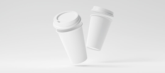 Two Minimalist White Blank Paper Coffee Cup with open lid floating above white background. Takeaway paper coffee cup fly, 3d render illustration