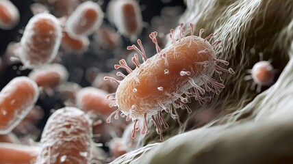 Detailed Microscopic View of Macrophage Engulfing Bacterium in Immune System Process