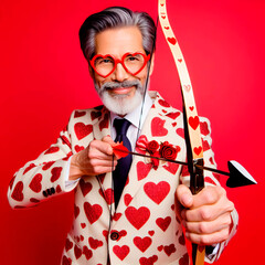 Happy male cupid in a stylish suit with hearts, with a bow tie and glasses, holds a bow and arrow and smiles
