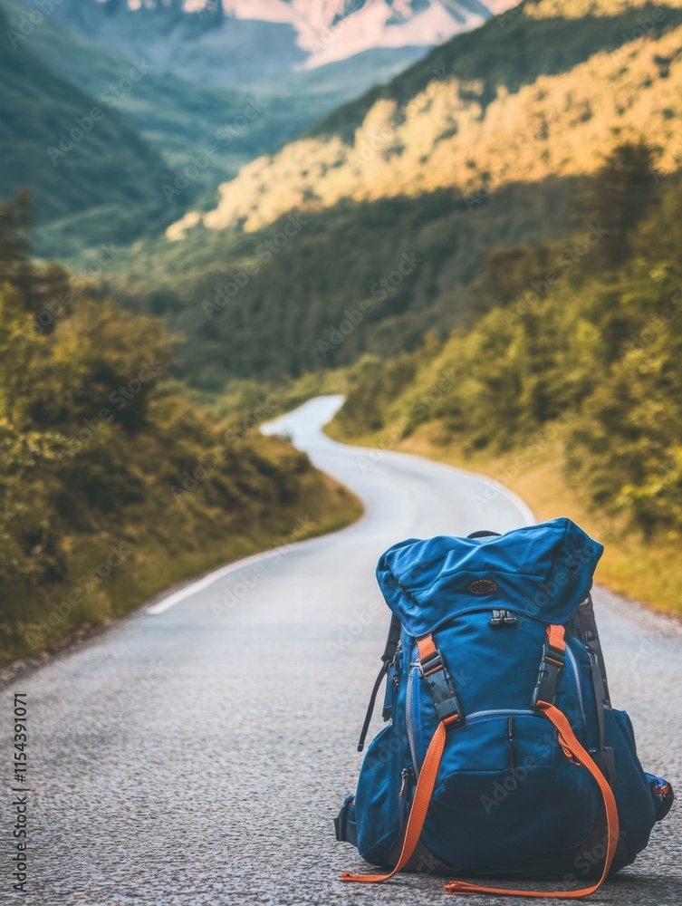 Poster backpack resting on empty road surrounded by mountains and greenery during early morning light. gene
