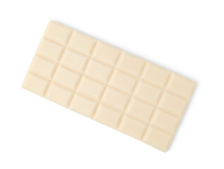Delicious white chocolate bar isolated on white, top view