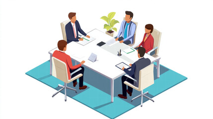 Business meeting with diverse professionals discussing ideas around table, showcasing teamwork and collaboration in modern office setting