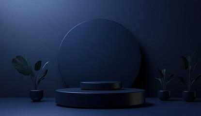 Dark blue minimalist product display with plants.