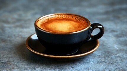 Fototapeta premium Close-up of a black coffee cup on a textured surface.