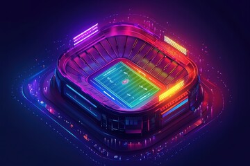Colorful illuminated sports stadium at night showcasing a vibrant football field and energetic atmosphere