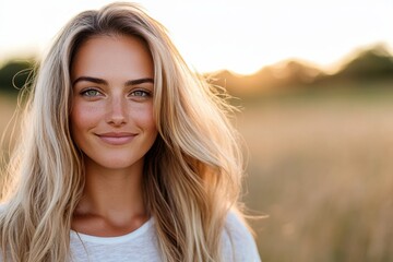 Naklejka premium A close-up portrait of a smiling young woman in a beautiful natural setting, showcasing her radiant beauty and the warmth of her joyful expression against a golden backdrop.