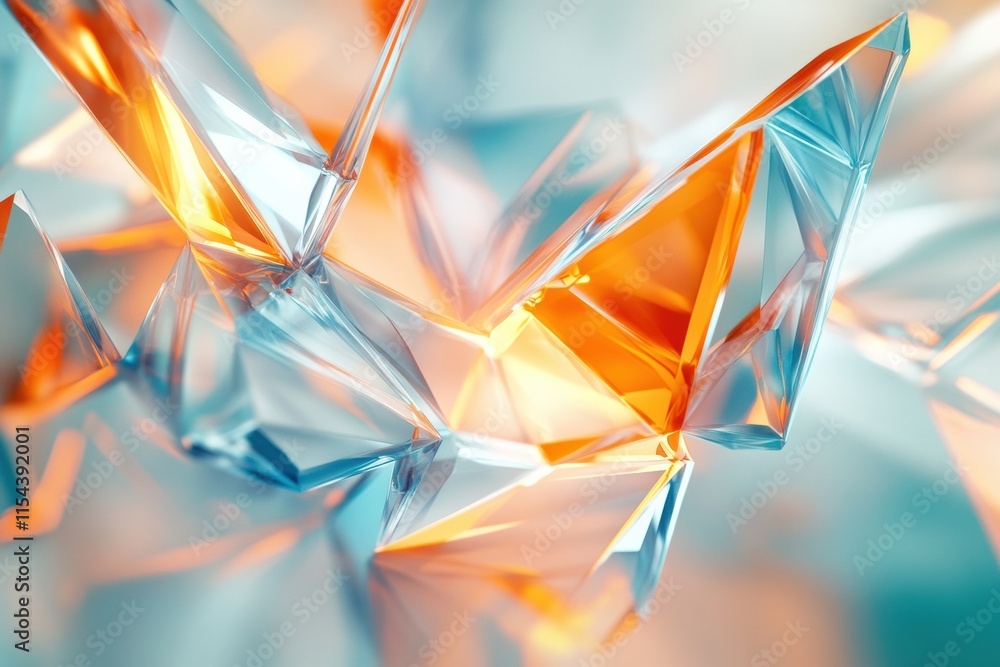 Fototapete vibrant abstract 3d composition showcasing crystalline shapes with orange and blue hues reflecting l