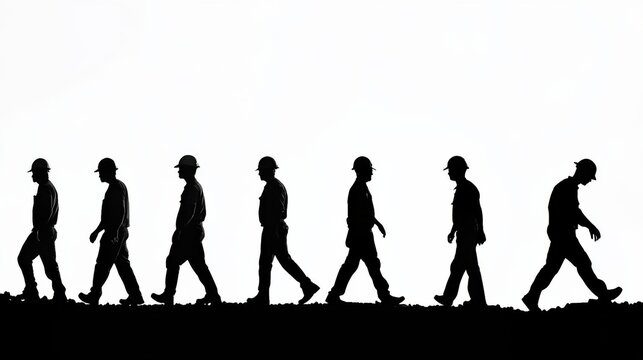 Dynamic Construction Workers Walking on White Background