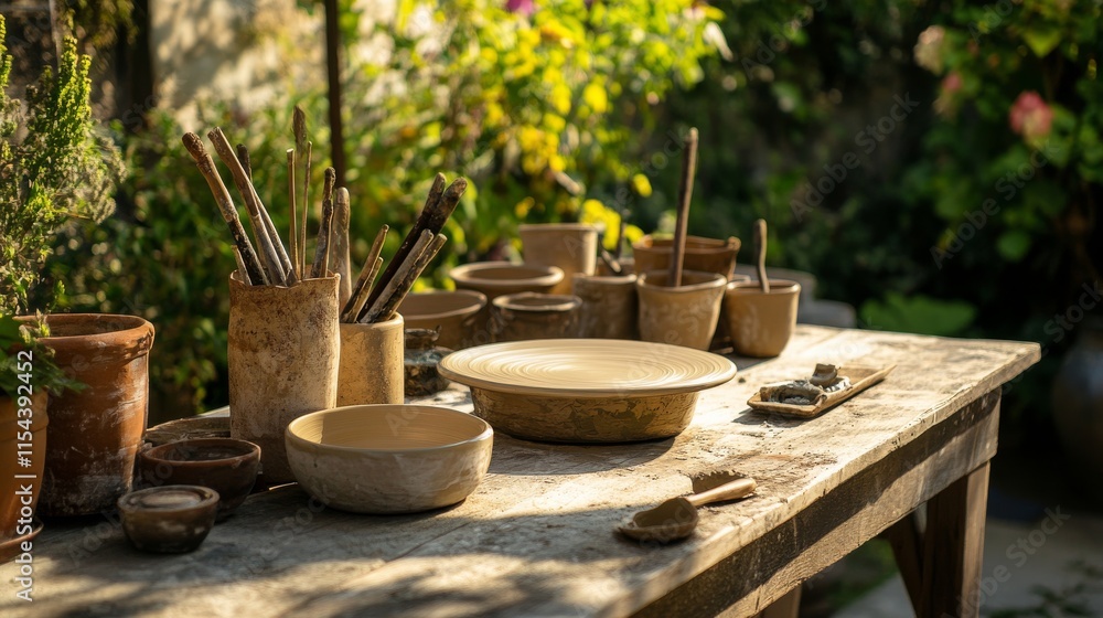 Poster perfectly set up pottery tools in a tranquil garden studio, pottery wheel and clay neatly arranged o