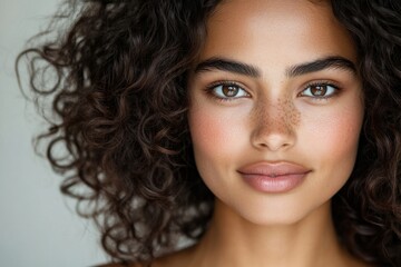 Naklejka premium A close-up portrait showcasing a beautiful young woman with curly hair and freckles, radiating positivity and charm through her captivating smile and glowing skin.