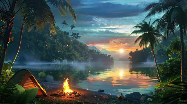 Tranquil lake surrounded by lush greenery under a golden sunset sky  
Seamless looping 4k time-lapse virtual video animation Generated AI