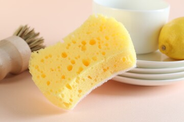 Sponge, dishware, lemon and brush on beige background, closeup