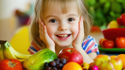 Fototapeta premium cheerful girl with bright smile enjoys variety of colorful fruits, including apples, bananas, and grapes, creating vibrant and healthy scene