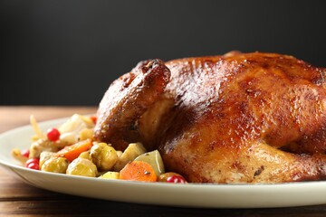 Delicious baked turkey, vegetables and cranberries on wooden table against gray background, closeup