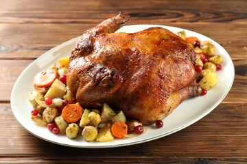 Delicious baked turkey, vegetables and cranberries on wooden table, closeup