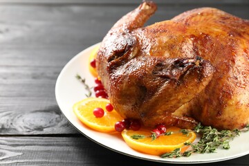 Delicious baked turkey, orange slices, cranberries and thyme on gray wooden table, closeup