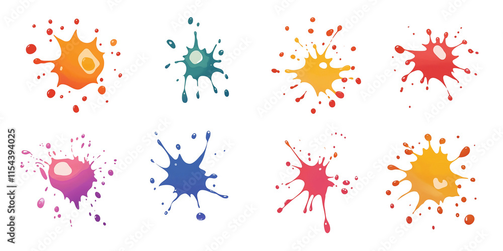 Poster a vibrant collection of multicolored paint splashes, blobs, and splatter effects. features paintbrus