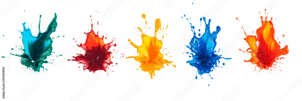 Poster a vibrant collection of multicolored paint splashes, blobs, and splatter effects. features paintbrus