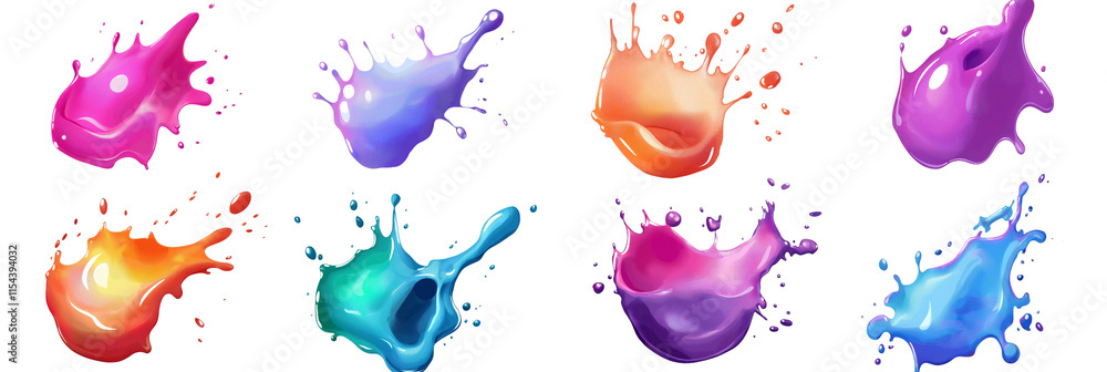 Poster a vibrant collection of multicolored paint splashes, blobs, and splatter effects. features paintbrus