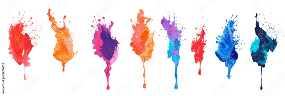 Poster a vibrant collection of multicolored paint splashes, blobs, and splatter effects. features paintbrus