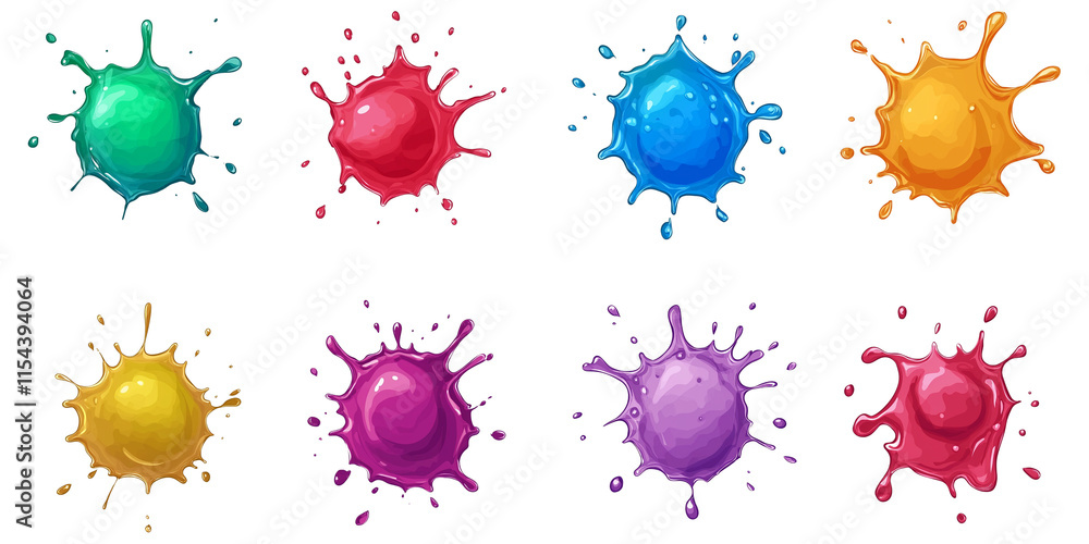 Poster a vibrant collection of multicolored paint splashes, blobs, and splatter effects. features paintbrus
