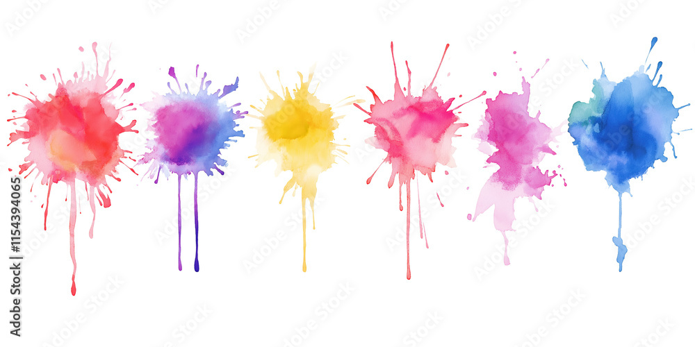Poster a vibrant collection of multicolored paint splashes, blobs, and splatter effects. features paintbrus