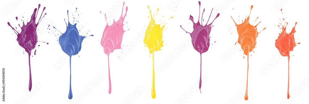 Poster a vibrant collection of multicolored paint splashes, blobs, and splatter effects. features paintbrus