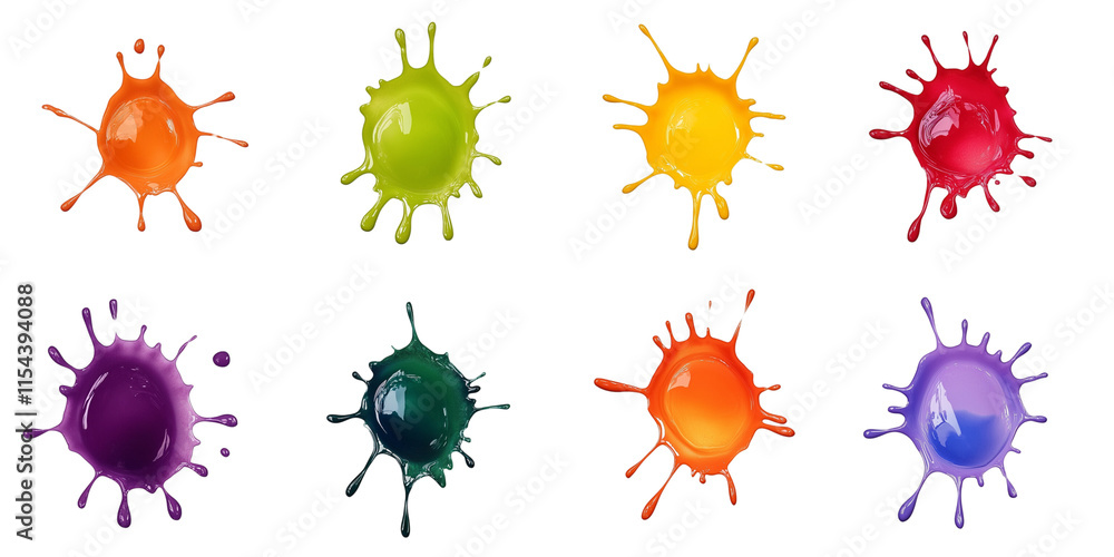 Poster a vibrant collection of multicolored paint splashes, blobs, and splatter effects. features paintbrus
