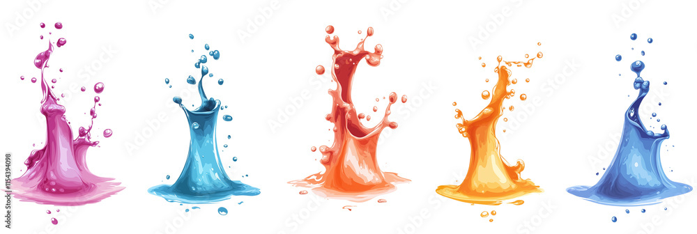 Poster a vibrant collection of multicolored paint splashes, blobs, and splatter effects. features paintbrus
