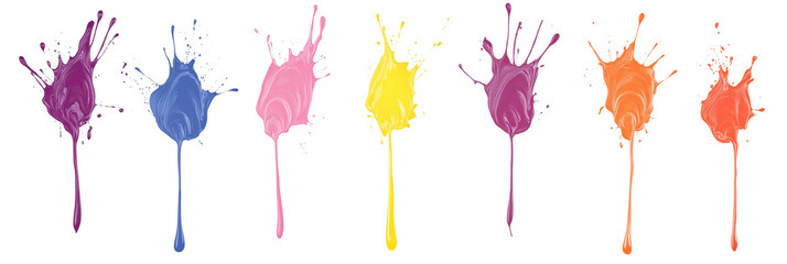 A vibrant collection of multicolored paint splashes, blobs, and splatter effects. Features paintbrush liquid shapes and spots with splashing effects on a transparent background, ideal for creative des
