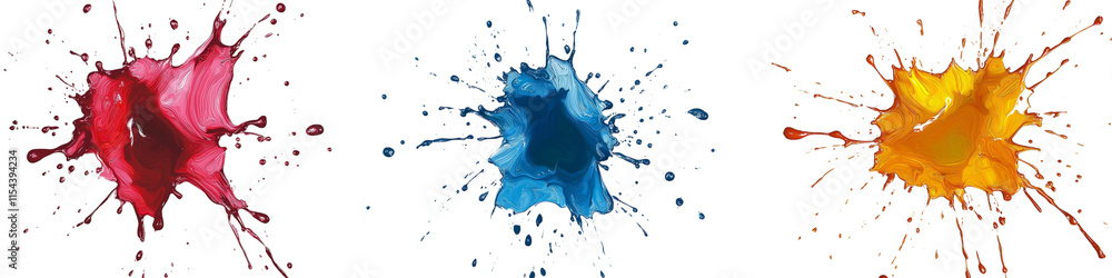 Poster a vibrant collection of multicolored paint splashes, blobs, and splatter effects. features paintbrus
